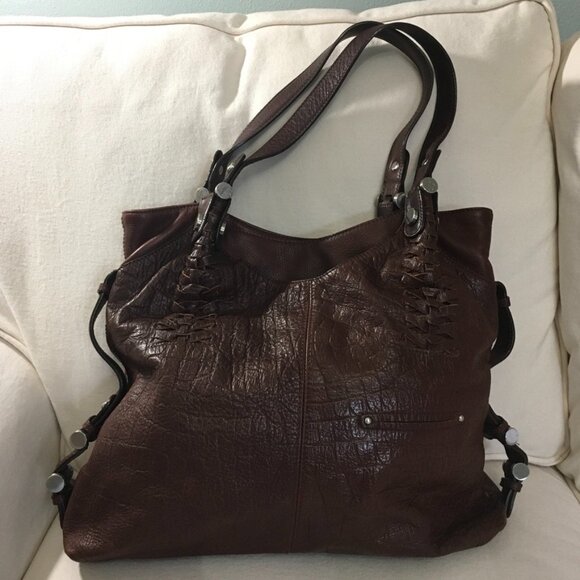 B. Makowsky Large Brown Croc Embossed Leather Shoulder Bag Tote - Picture 1 of 15